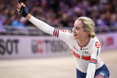 Elinor Barker celebrating after winning the Women's Points Race during day 5 of the UCI Track Cycling World Championships in Berlin 